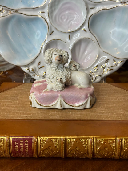 Antique Staffordshire Poodle with Puppies on Pink Cushion | Miniature Dog Figure | 3.25” x 1.5” | #DA4350