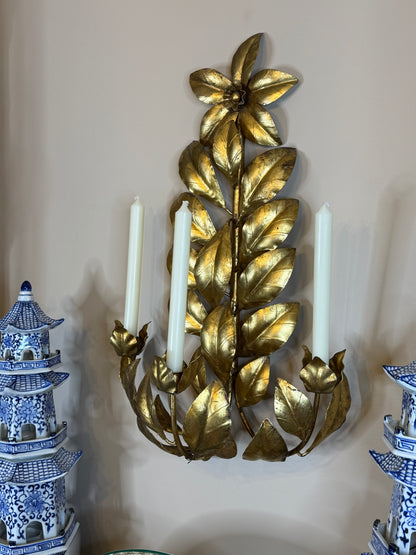 RESERVED - JILL HAYES - Vintage Italian Gilt Floral Three-Light Wall Candelabra | Tole Flower Sconce | 25” Tall