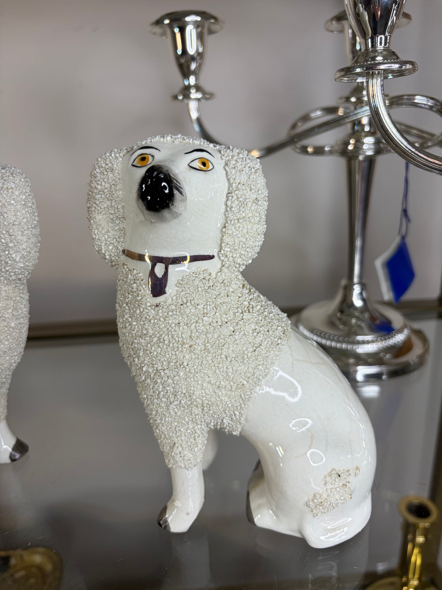 Antique Staffordshire Confetti Poodles with Separated Legs, Pair, 6.5” Tall, 19th Century