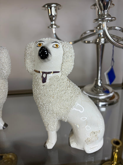 Antique Staffordshire Confetti Poodles with Separated Legs, Pair, 6.5” Tall, 19th Century