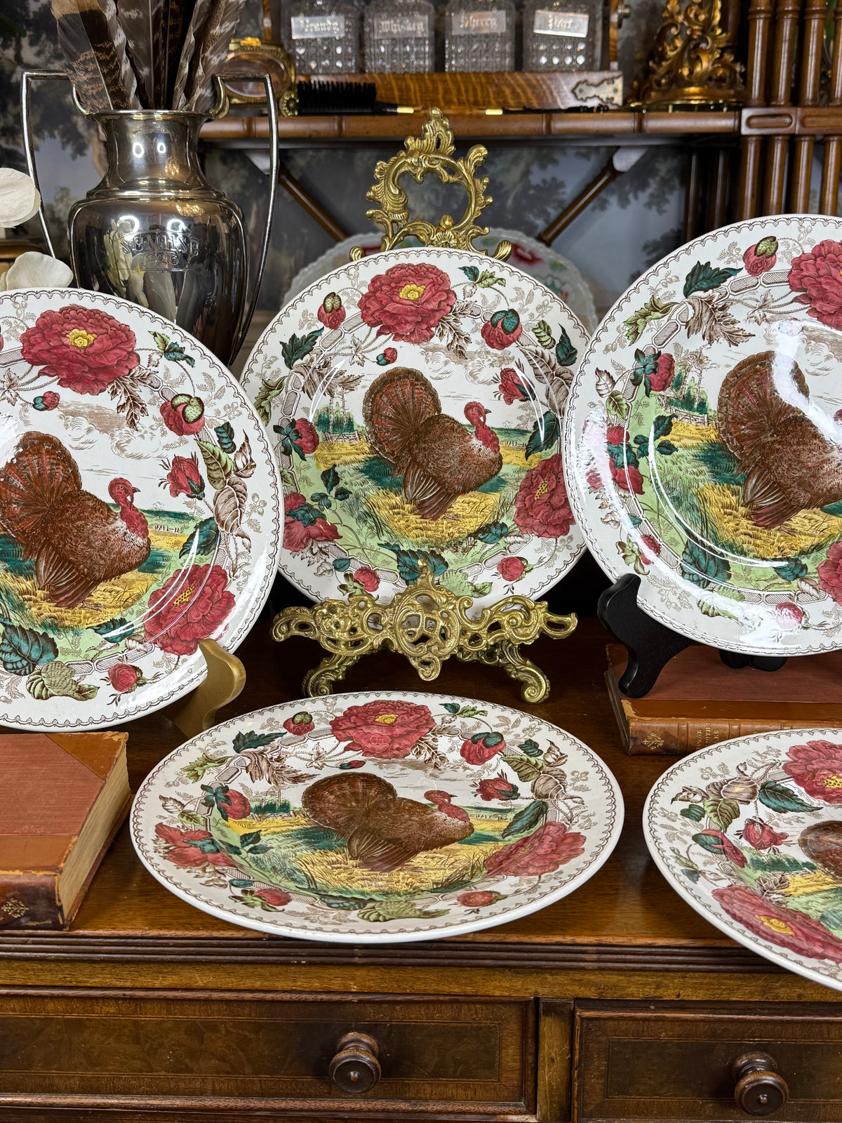 Antique Wedgwood Set of (5) “Formosa” Turkey Dinner Plates | Etruria England | Game Bird Transferware | Circa 1903 | 10.25”