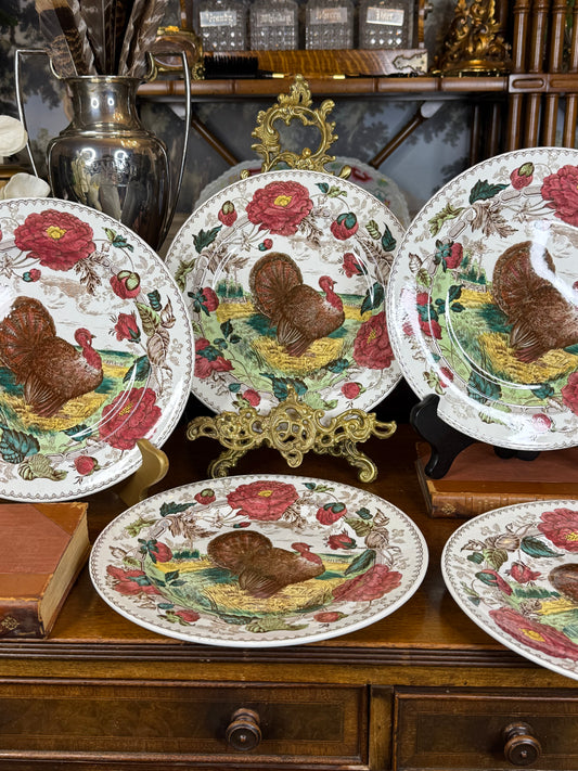 Antique Wedgwood Set of (5) “Formosa” Turkey Dinner Plates | Etruria England | Game Bird Transferware | Circa 1903 | 10.25”