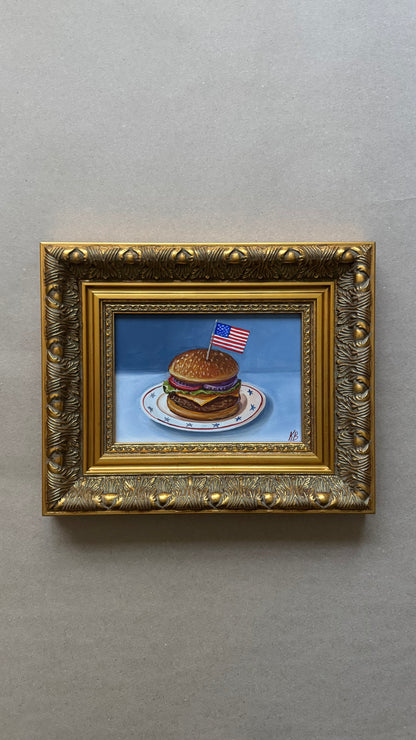 Reserved Live 09/15 Cheeseburger original oil painting 11x9”