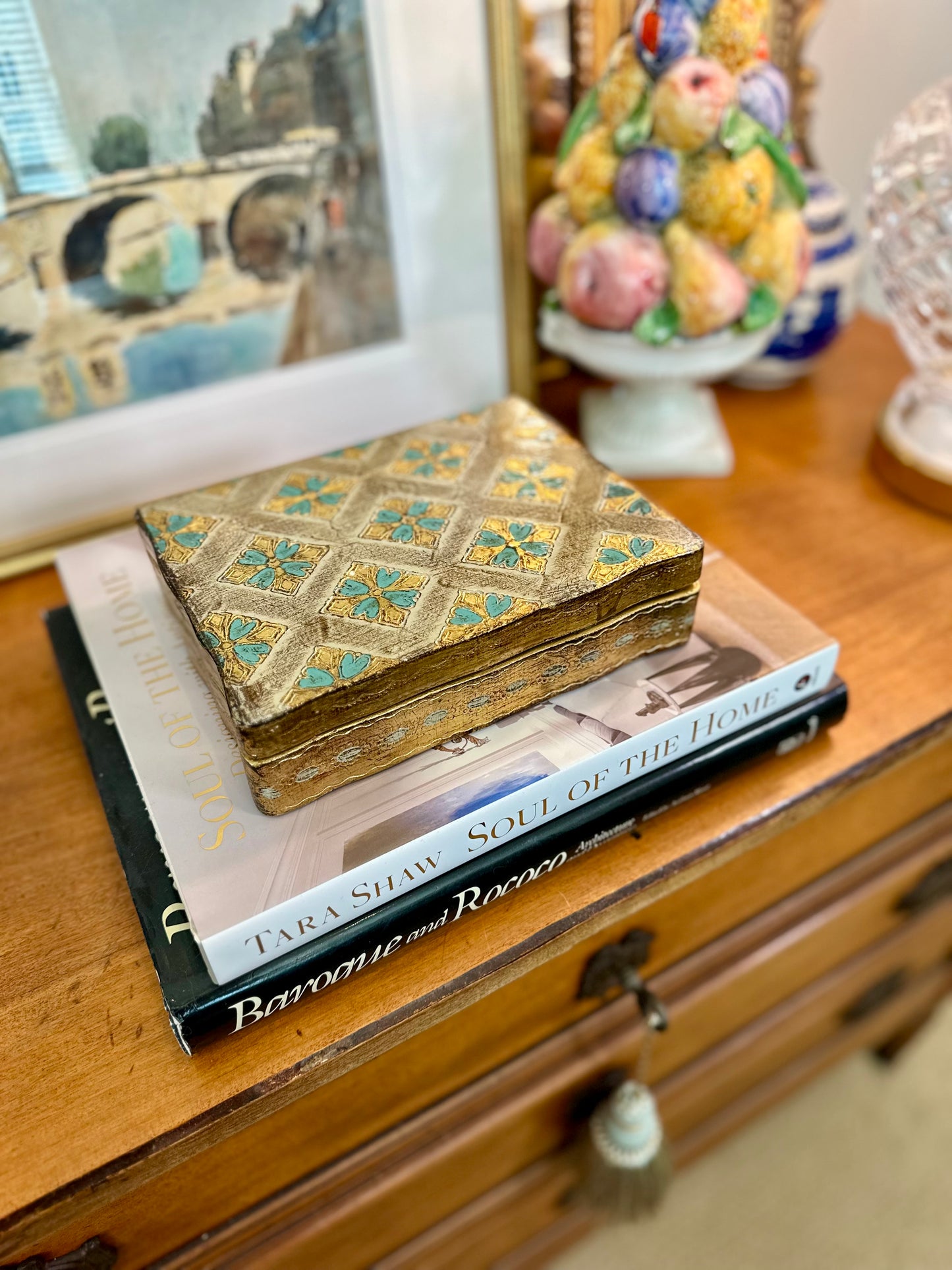 Vintage Florentine Gold Turquoise Hinged Box, Made in Italy, 8”