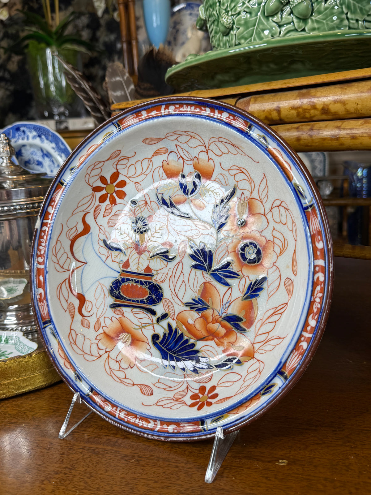 RESERVED - YVONNE - Antique English Ironstone Imari Floral Shallow Bowl | Cobalt Blue, Iron Red & Gilt | Staffordshire Style | 10”D **small chip**