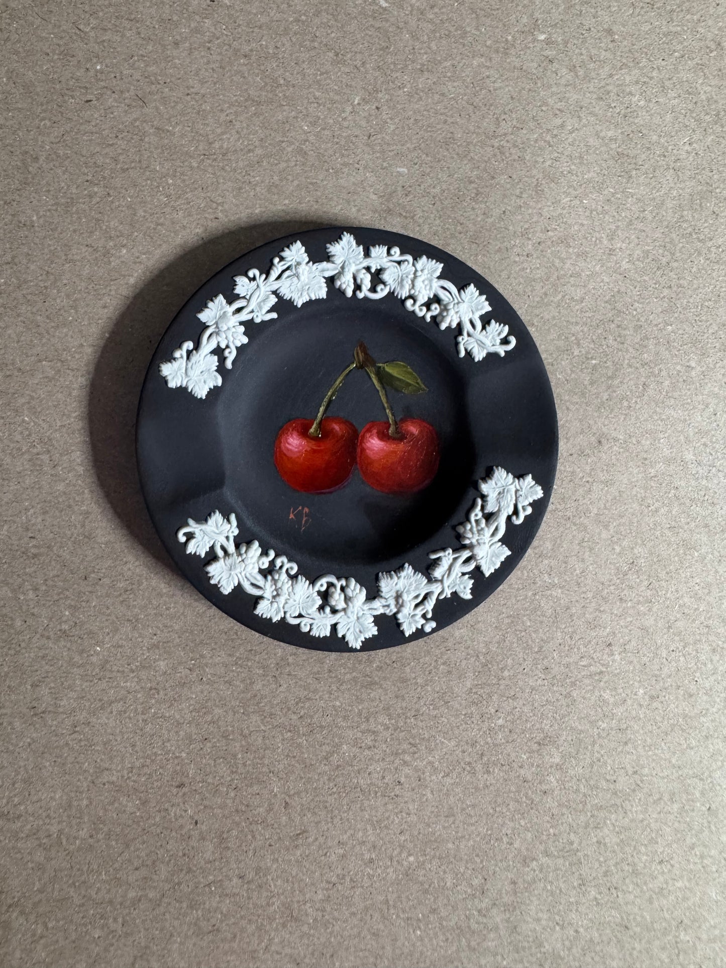 Live 06/22 Wedgwood small black and white dish with painted cherries original art