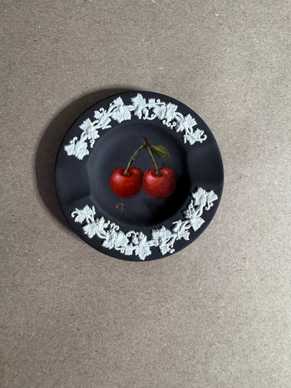 Live 06/22 Wedgwood small black and white dish with painted cherries original art