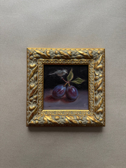 Plums and a sparrow original oil painting 9.5x9.5”
