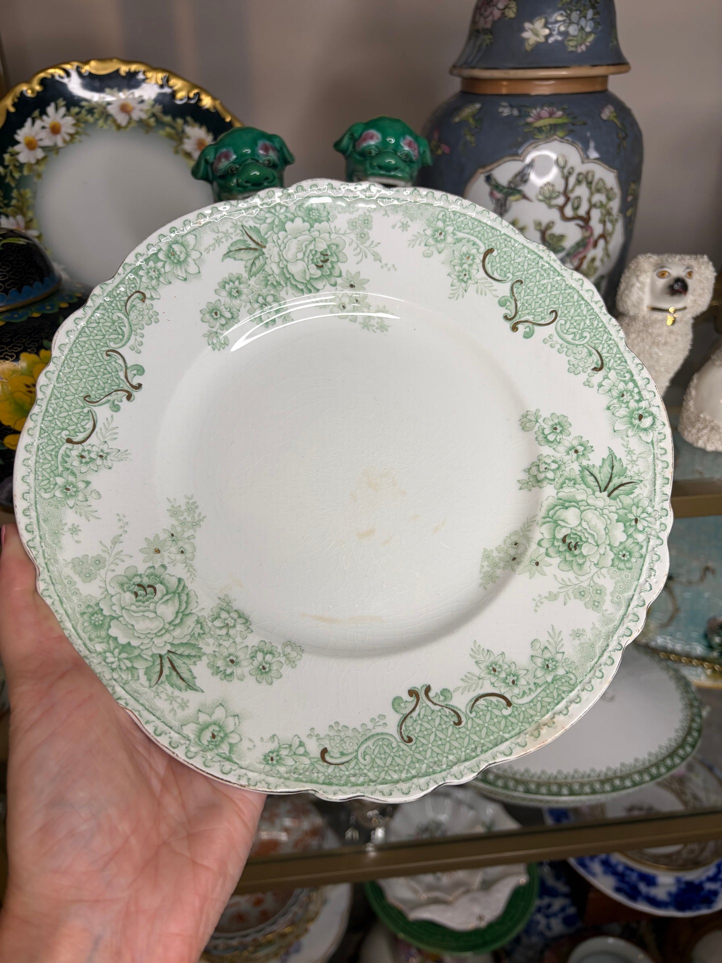 Gorgeous green and white transferware plate! As is!