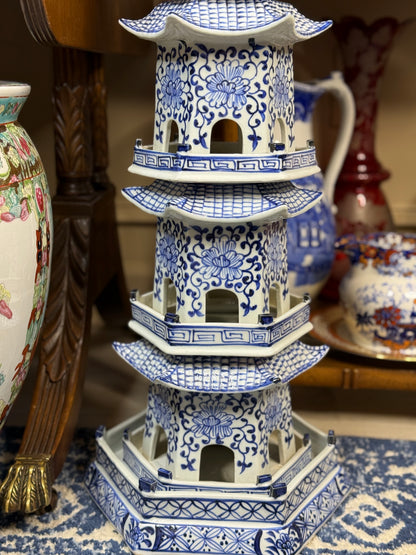 Danny's Fine Porcelain: 30" Tall Blue & White Porcelain Pagoda Tower, 6-Tier Hand-Painted