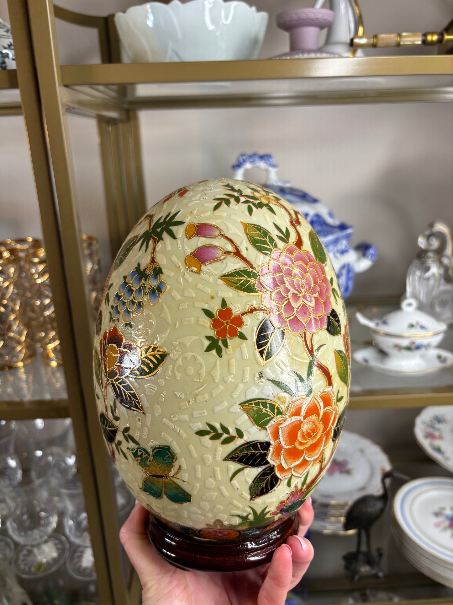 Floral chinoiserie egg decor on wooden stand!