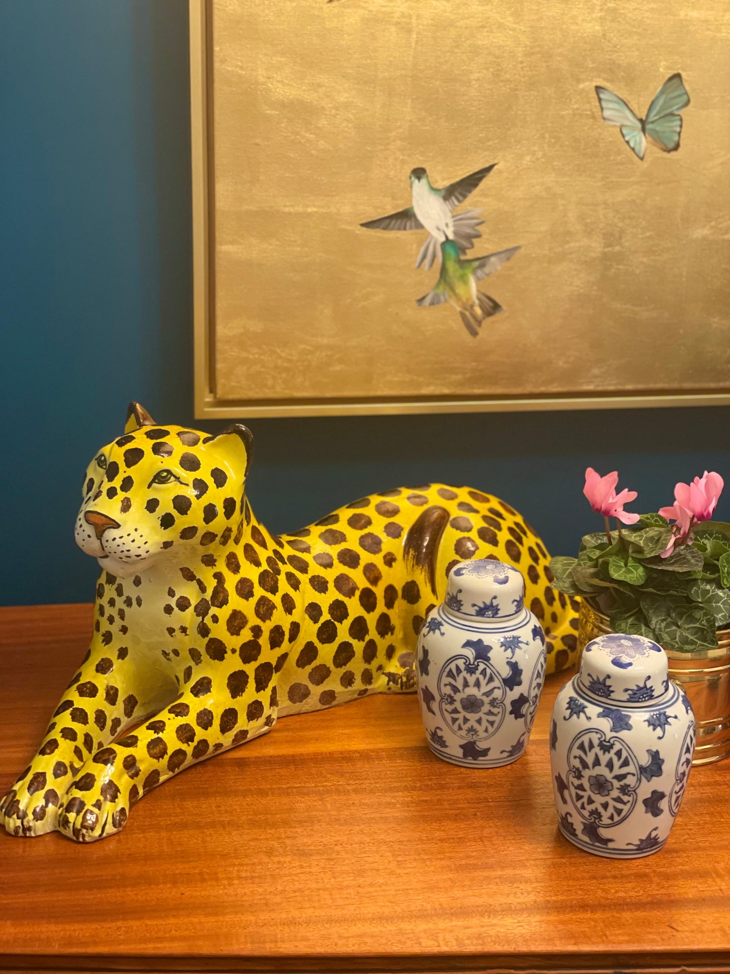 Vintage 24” Lying Leopard Ceramic Sculpture Hand Painted Circa 1970’s - Pristine!