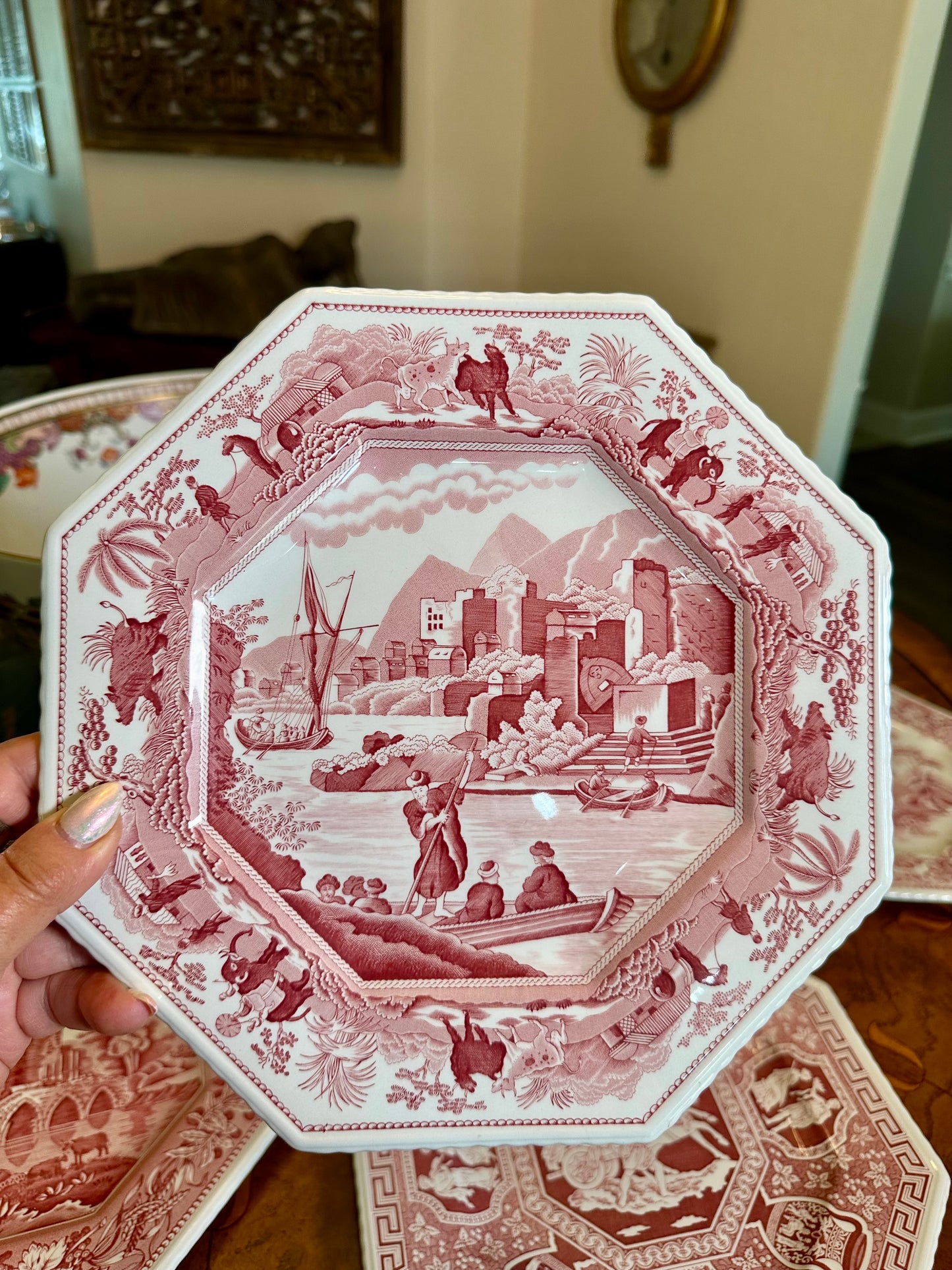 Spode Archive Sutherland Collection Red Transferware Octagonal Plates – Choice of 4 Scenic Designs, Sold Separately