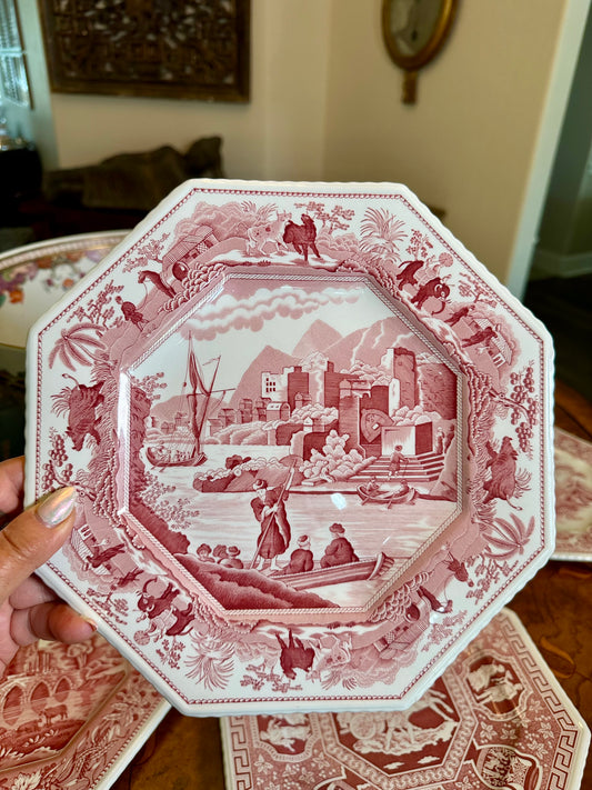 Spode Archive Sutherland Collection Red Transferware Octagonal Plates – Choice of 4 Scenic Designs, Sold Separately