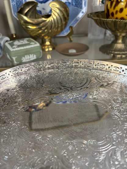 RESERVED - LEXABLUE - Lovely Barker Ellis silverplated tray with pierced edges and floral and shell designs!