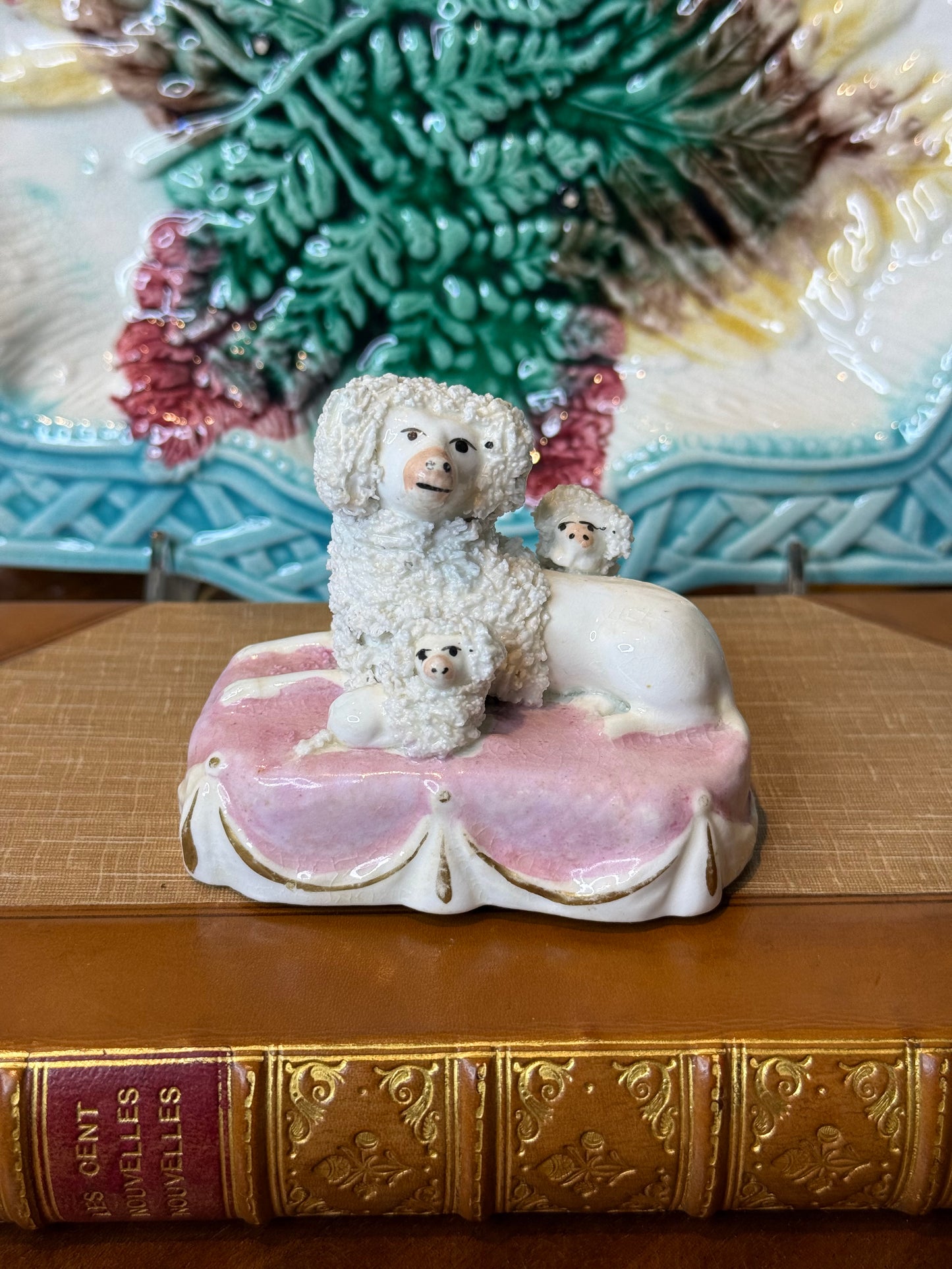 Antique Staffordshire Poodle with Puppies on Pink Cushion | Miniature Dog Figure | 3.25” x 1.5” | #DA4350