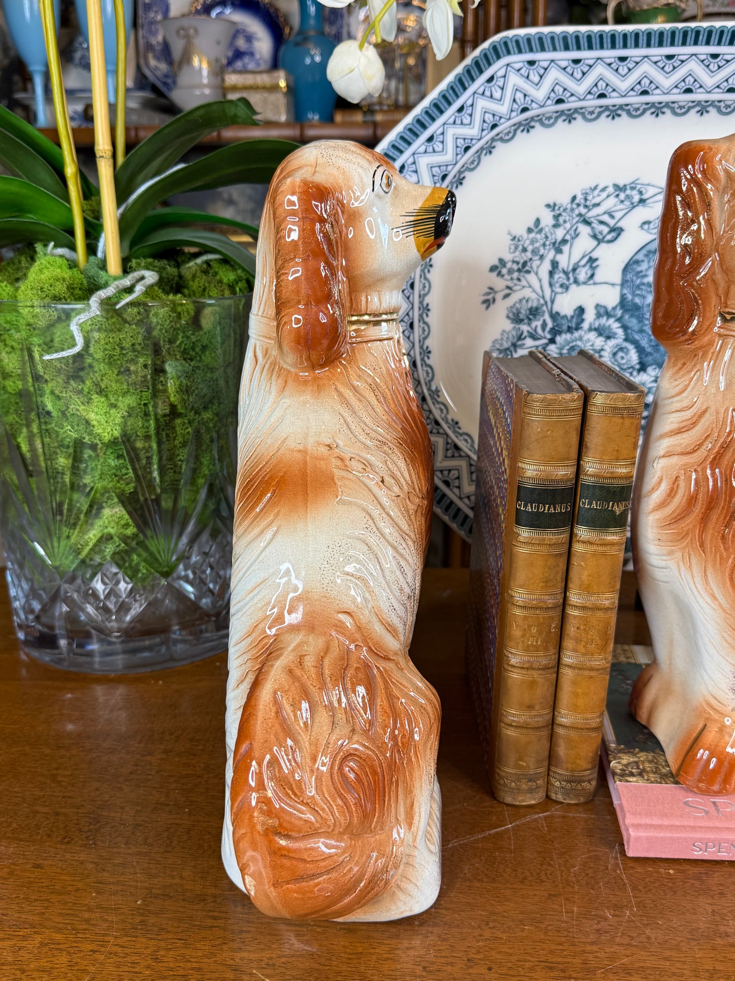 Pair Antique Victorian Staffordshire Spaniel Dogs | Large 14” Mantel Dogs | England c.1870–1890