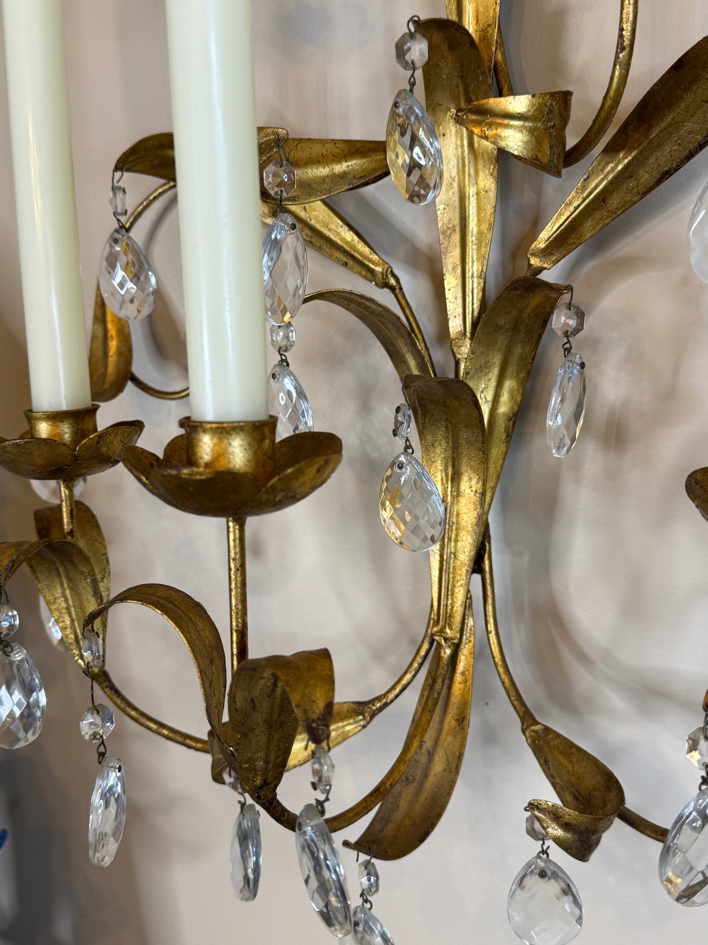 Vintage Italian Gilt Wheat Sheaf Wall Candelabra | Five-Light Crystal Sconce | 20.5” Tall