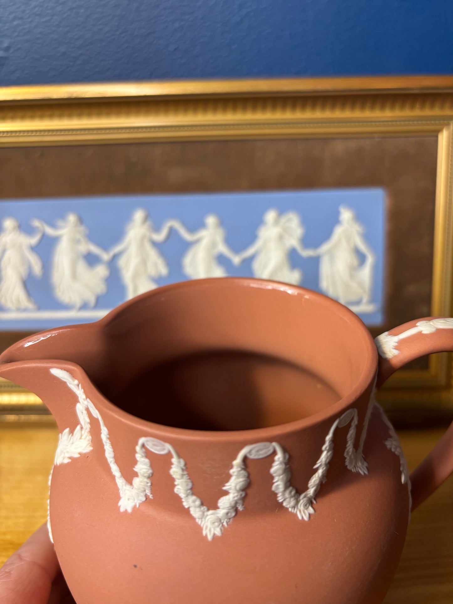 Wedgwood Jasperware terracotta pitcher with gorgeous floral borders!