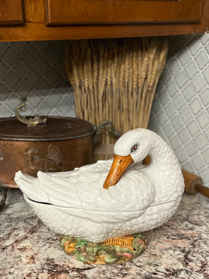 Elegant Mid Century Italian Hand Painted Goose Covered Dish – Base Greens, Rose & Gold