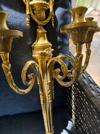 Stunning Louis XVI style ornate brass sconces pair with 3 arms!