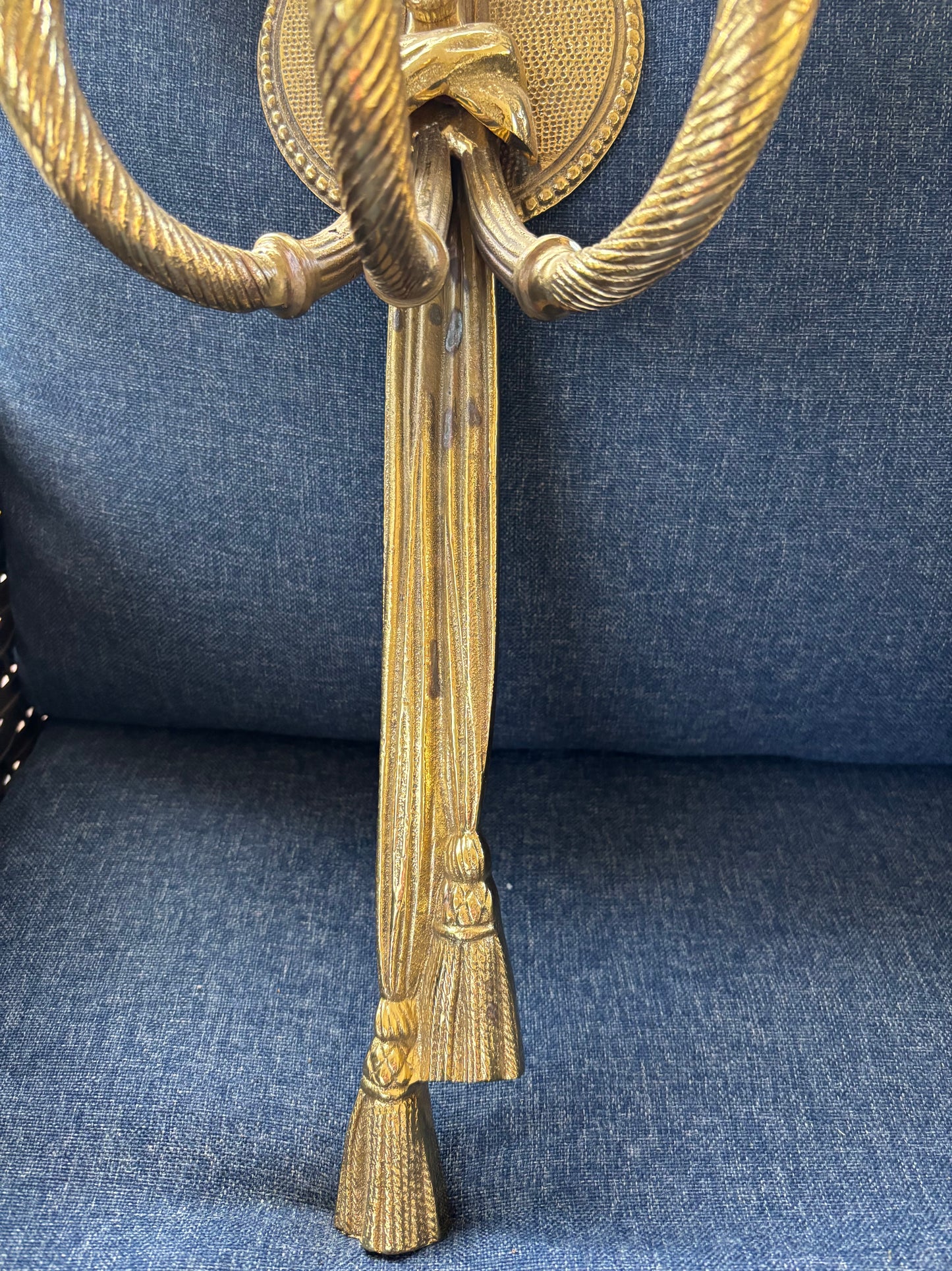 Gorgeous brass wall 25” candleholder sconces with floral and tassel details pair!