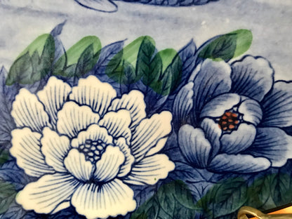 Massive Vintage chinoiserie koi fish  botanical blue & white large round platter. 15 in
