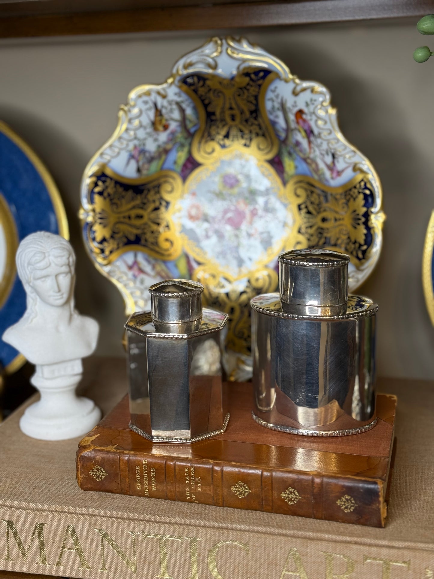 Antique English Silverplate Tea Caddy Set/Pair 4” & 4.5” Tall