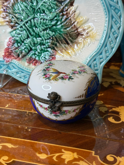 Vintage Limoges France Hand-Painted Trinket Box | Cobalt Blue & Gold with Bird and Floral Motif | 5” Diameter | #DA4364