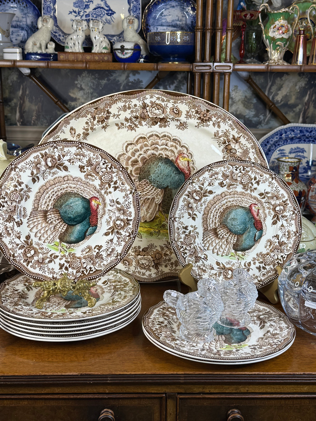 🔥ON AUCTION 🔥 Vintage Royal Staffordshire Dinnerware by Clarice Cliff | Tonquine Turkey 10 Dinner Plates & Large Platter | Thanksgiving Transferware | Made in England