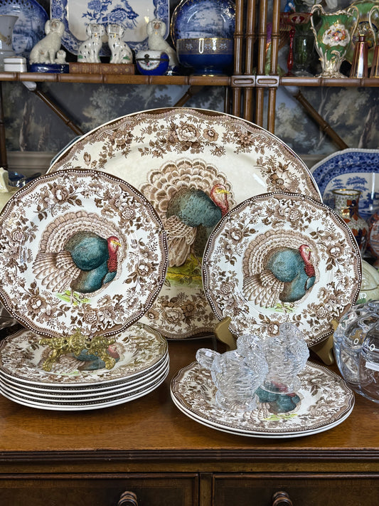 🔥ON AUCTION 🔥 Vintage Royal Staffordshire Dinnerware by Clarice Cliff | Tonquine Turkey 10 Dinner Plates & Large Platter | Thanksgiving Transferware | Made in England