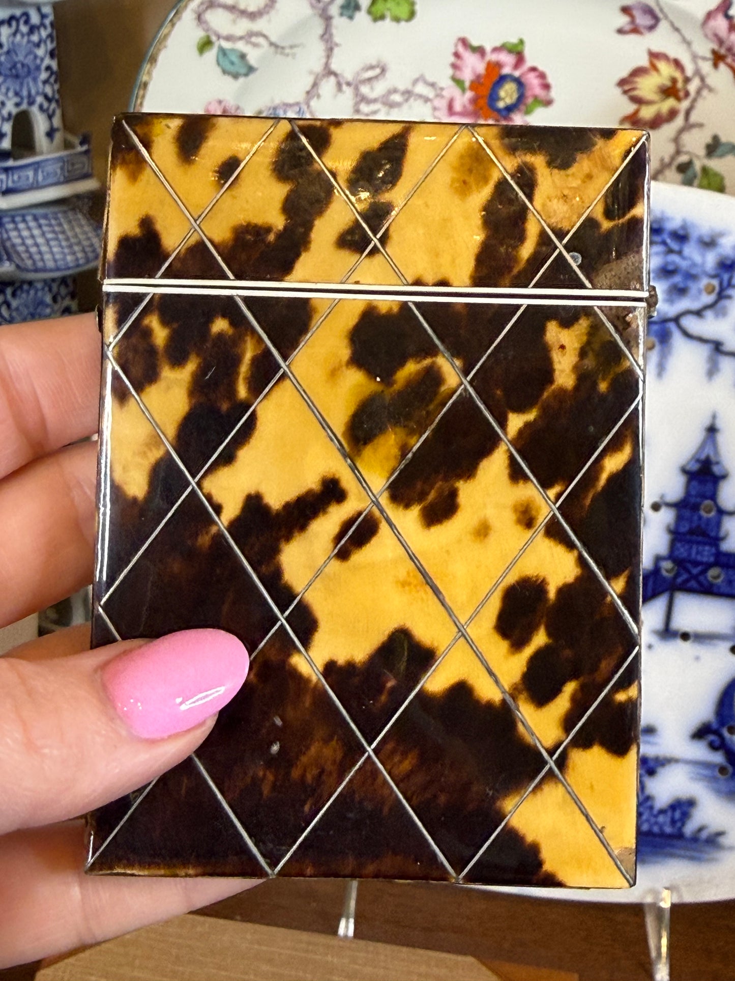 Antique Tortoiseshell & Silver Inlaid Calling Card Case | Georgian/Victorian Era | 4” x 3” | As-Is