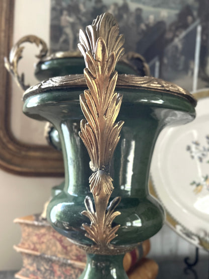 Grand Pair of French Empire Style Bronze-Mounted Urns in Antique Moss Green/Light Marbelization