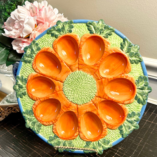 Whimsical egg platter in colorful carrot and cabbage design
