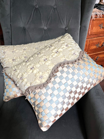 Fantastic Pair Of New Custom Designer Silk Fabric Basketweave And Trim Pillows/Zipper And Insert