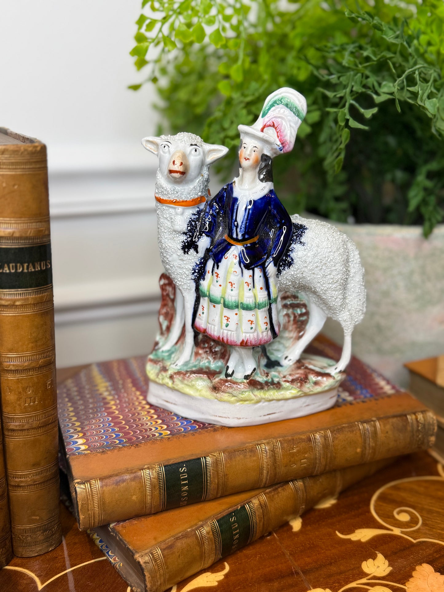 Antique Staffordshire Sanded Lamb & Shepherdess Figure | Pearlware Style Figurine | 8.5” Tall #DA4253