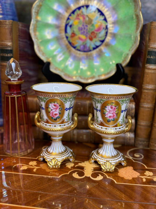 Antique Cir. 1900, Royal Crown Derby Vase Pair W/ Painted Roses, 5” tall, 3”D #DA4445