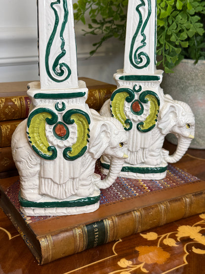Vintage Italian Pottery Elephant Obelisk Bookends – Pair | 12.5” Tall