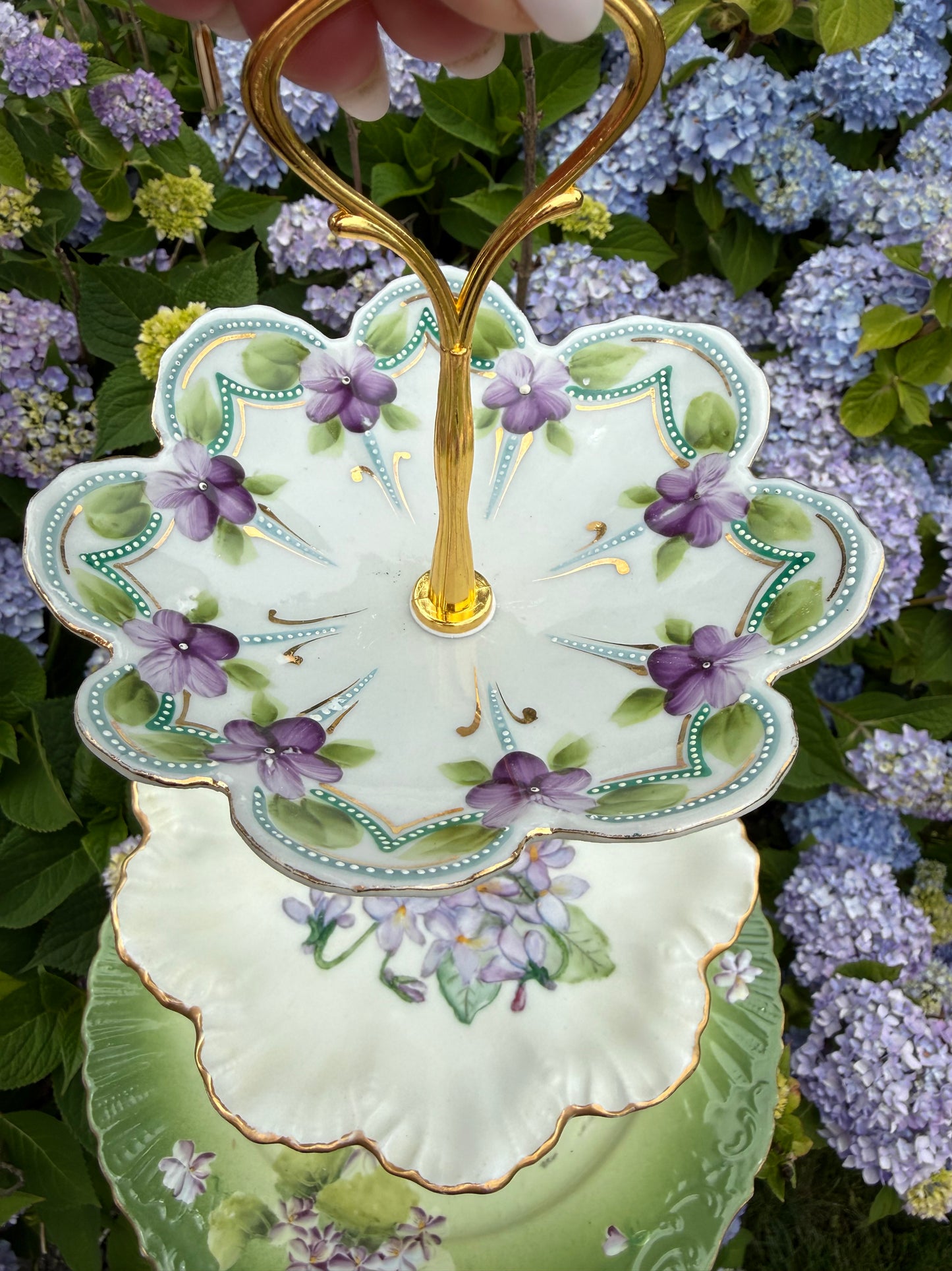 RESERVED - THERESA- Vintage Green Hydrangea 3 Tier Plate Stand