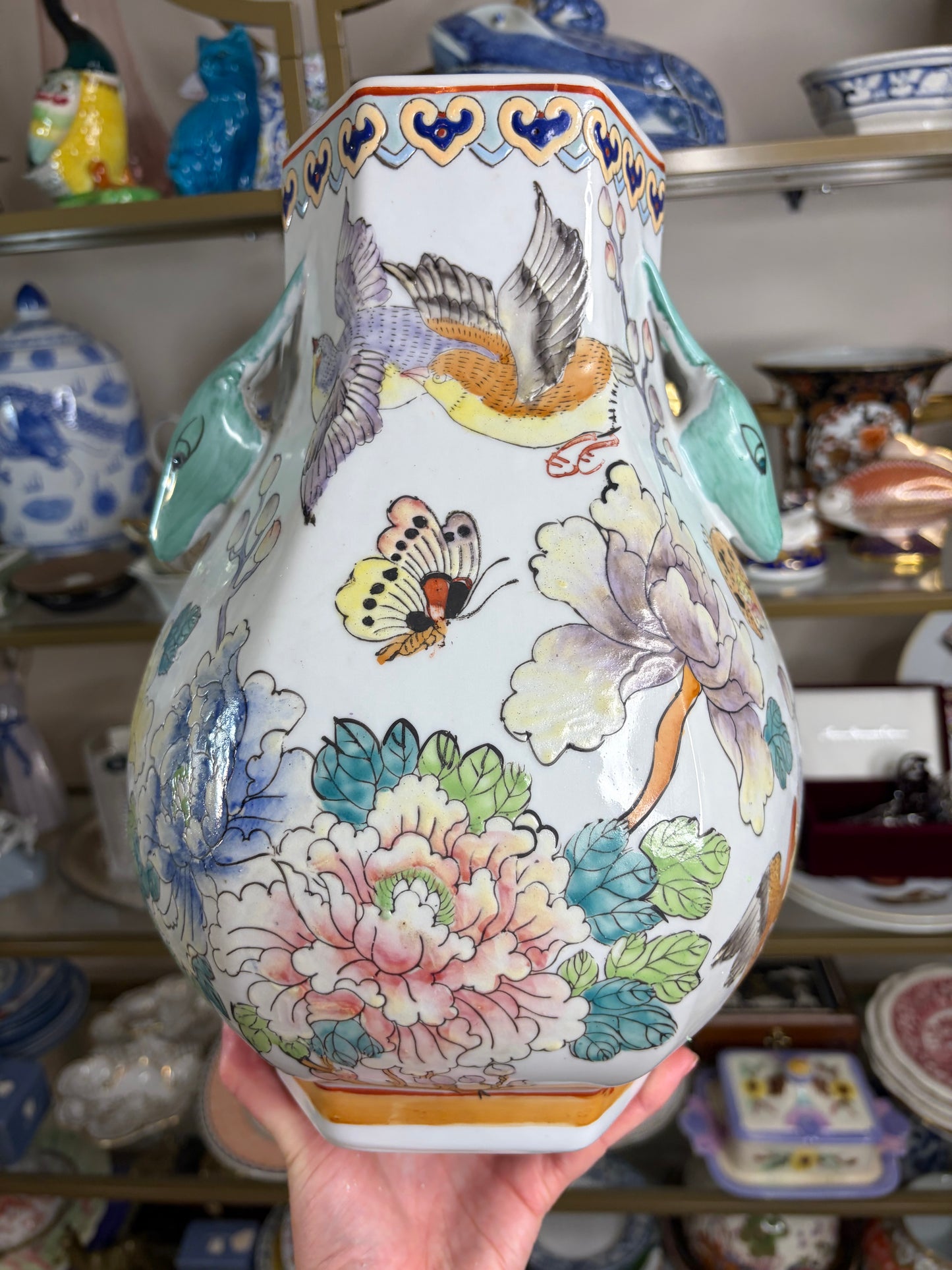 Stunning chinoiserie vase with birds and florals and deer handles!