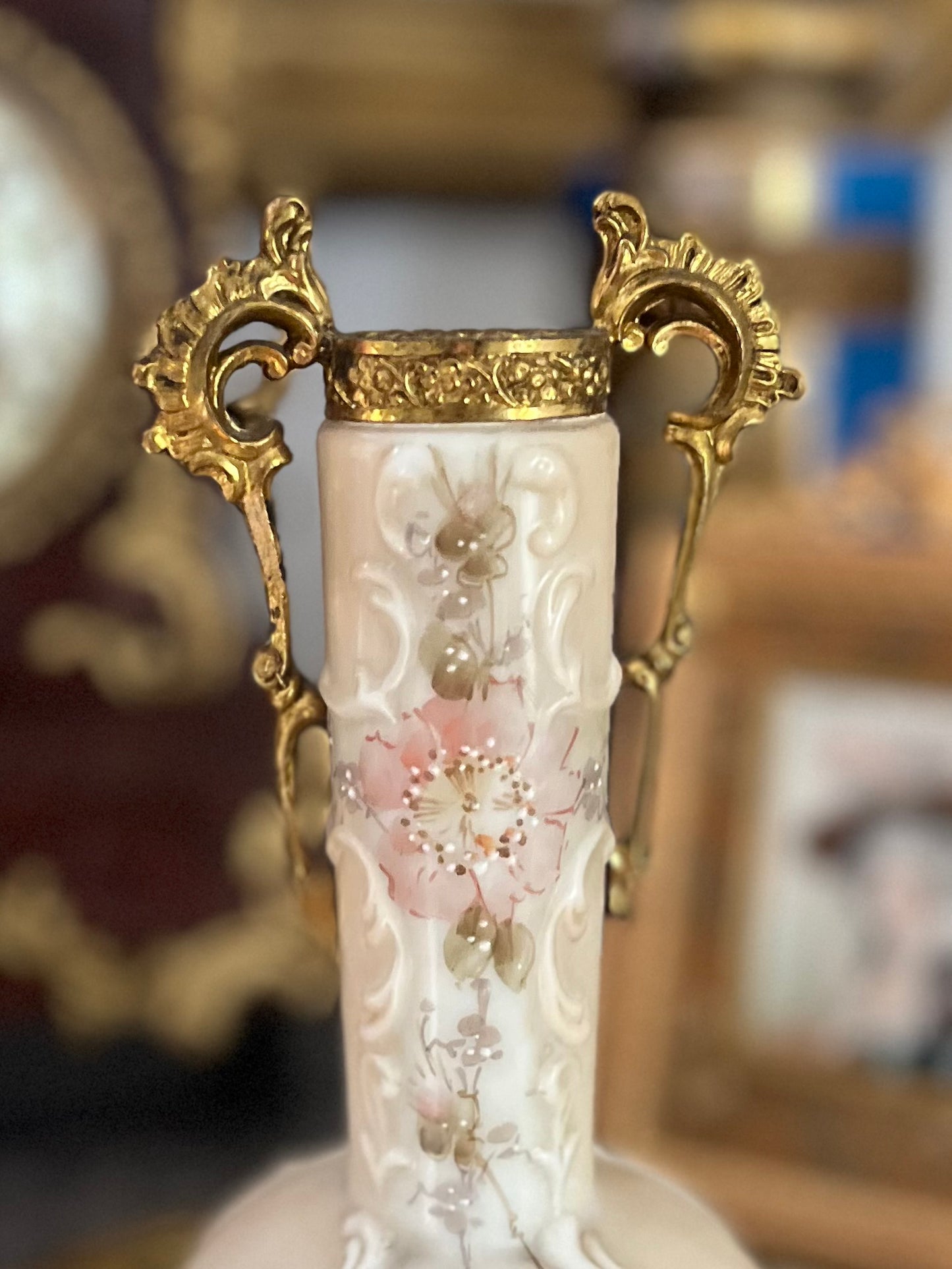 Antique Wavecrest Bud Vase in Gilt Ormolu Mounts — C.F. Monroe, Hand-Painted Wild Roses
