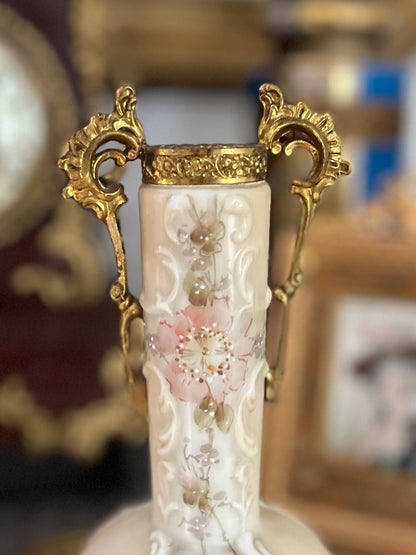 Antique Wavecrest Bud Vase in Gilt Ormolu Mounts — C.F. Monroe, Hand-Painted Wild Roses