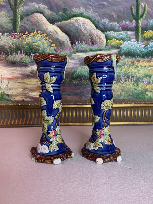 Gorgeous cobalt majolica candleholders with berry and floral details pair (2) - Excellent condition!