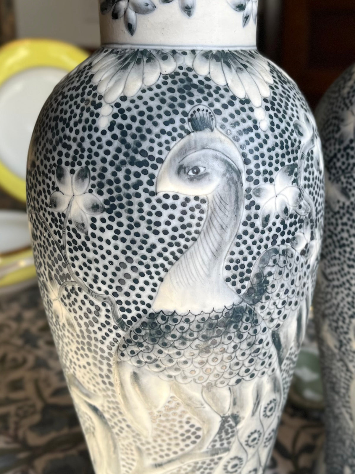 Exquisite Pair of Maitland-Smith Blue And White Peacock Vases, Hand-Painted Raised Relief on Dotted Ground, 16”