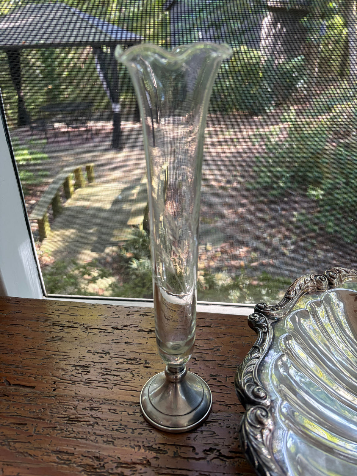 Sterling Webb bud vase with etched design and fluted rim!