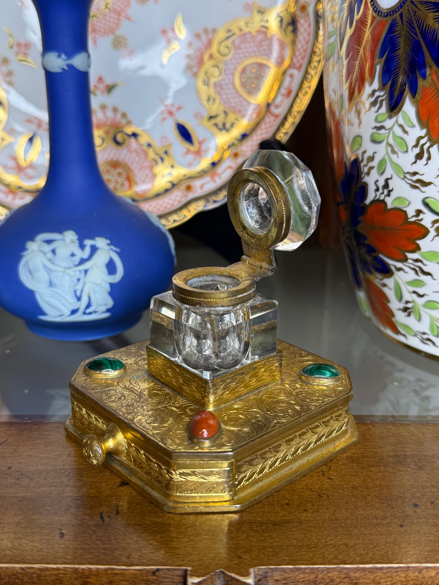 Antique Gilt Bronze & Crystal Inkwell | Jeweled Desk Inkstand | 3” Base