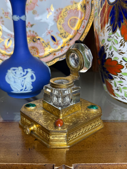Antique Gilt Bronze & Crystal Inkwell | Jeweled Desk Inkstand | 3” Base