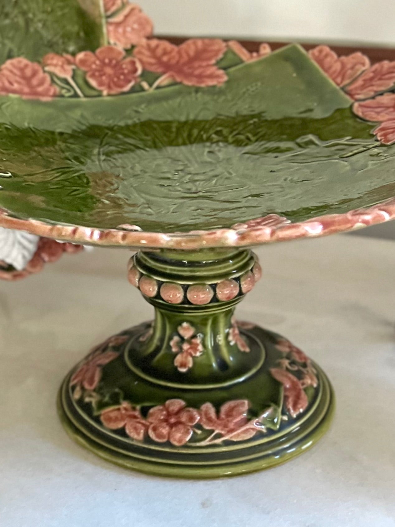 Rare Majolica Set - Antique Schütz Cilli Continental Dessert Service — Putto & Blossom, Set of 8 Plates + Cake Stand