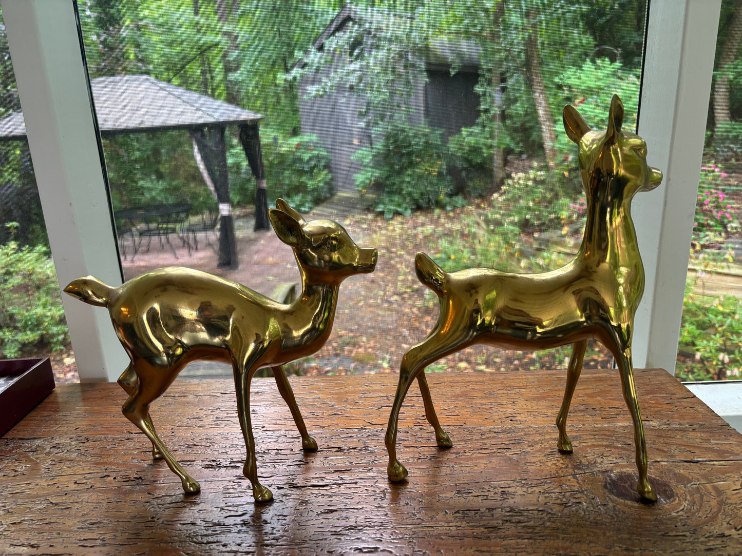 Beautiful large brass deer pair measuring 12.5” and 9.5” tall!