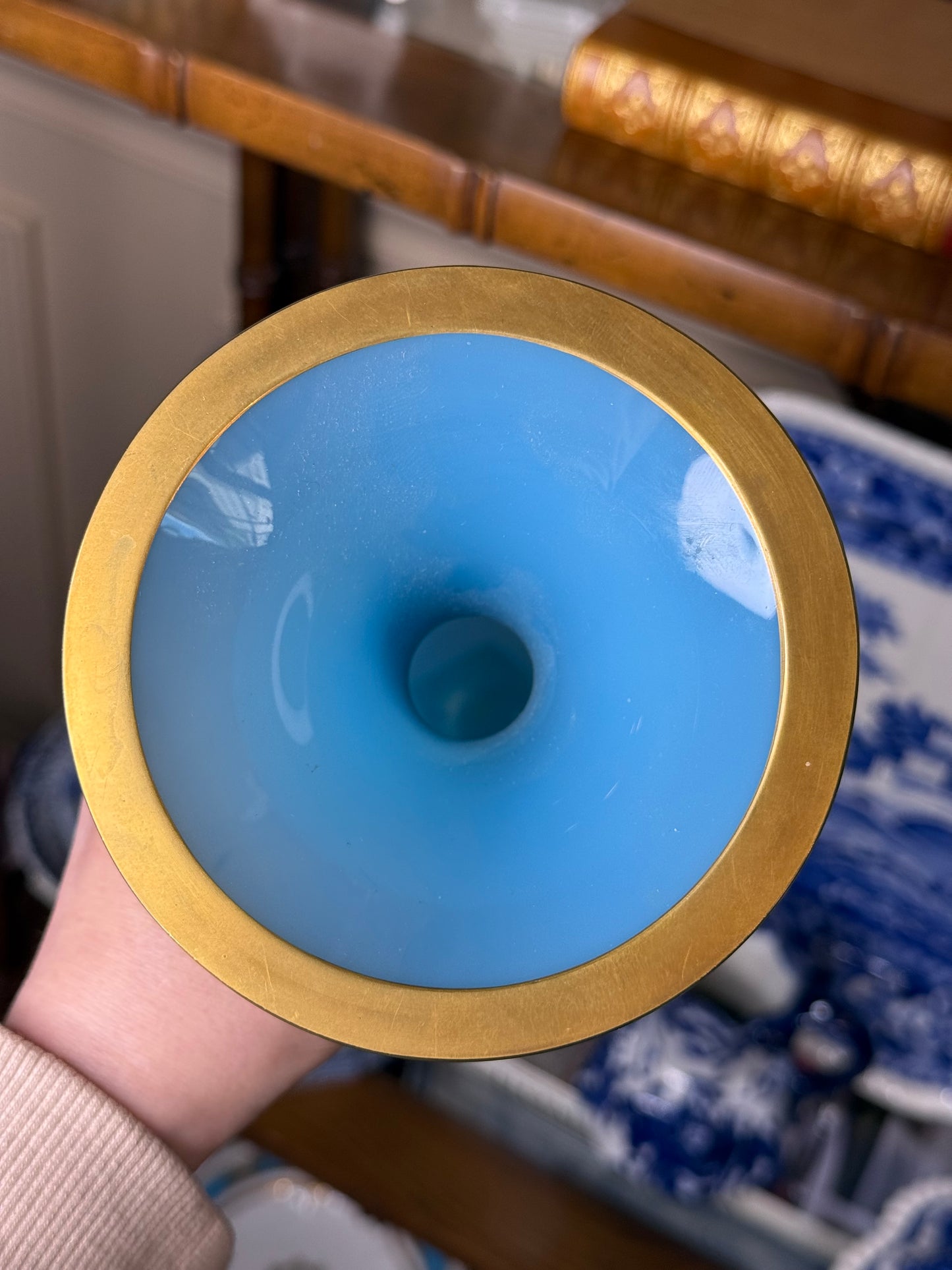 Vintage Murano Cenedese Turquoise Blue Opaline Glass Vase with Gold Trim | 10” Tall